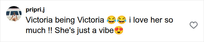 Screenshot of an Instagram comment: 'Victoria being Victoria 😂 she's just a vibe ❤️' showing support for Victoria Beckham at the World Cup. Screenshot of an Instagram comment: 'Victoria being Victoria 😂 she's just a vibe ❤️' showing support for Victoria Beckham at the World Cup.