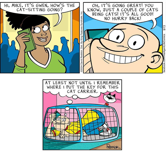 Cartoonist David Reddick comic depicting a man trapped in a cat carrier while cat-sitting.