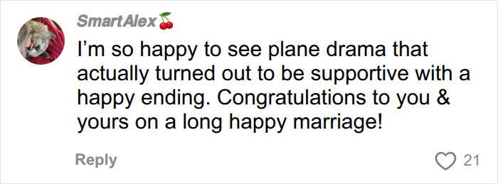 A comment praising the bride-to-be for confronting a woman mid-flight about a missing wallet, leading to a happy ending. A comment praising the bride-to-be for confronting a woman mid-flight about a missing wallet, leading to a happy ending.