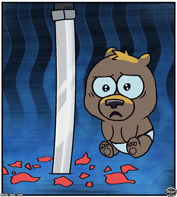 Hilarious animal comics: A large bear in a martial arts uniform with a sword, telling a smaller bear about destiny.