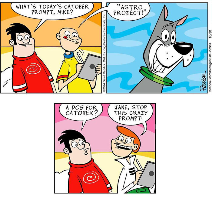 Cartoonist David Reddick comic showing two characters discussing a Cat-tober prompt for an astro project.