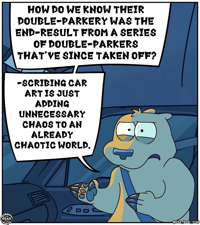 A comic of a bear inside a car, ready to scratch a double-parked car with his claws. Hilarious animal comics.