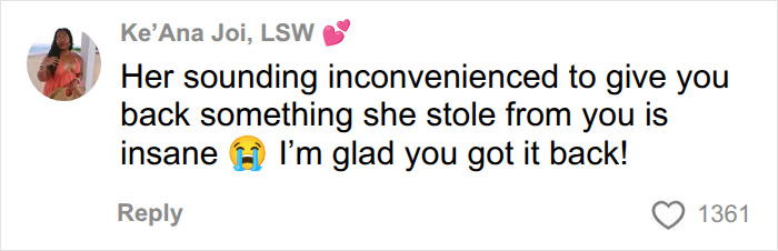 Screenshot of a comment from Ke'Ana Joi, LSW, praising the bride-to-be for confronting a woman mid-flight about a missing wallet. Screenshot of a comment from Ke'Ana Joi, LSW, praising the bride-to-be for confronting a woman mid-flight about a missing wallet.