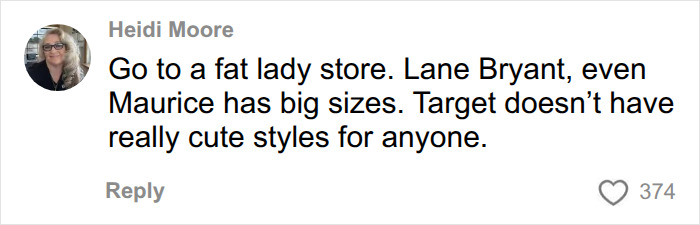 A comment suggesting stores like Lane Bryant and Maurice for plus-size clothing. A comment suggesting stores like Lane Bryant and Maurice for plus-size clothing.