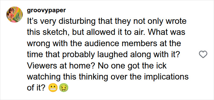 A social media comment discussing the disturbing nature of an inappropriate comedy sketch and audience reaction, related to Courtney Stodden. A social media comment discussing the disturbing nature of an inappropriate comedy sketch and audience reaction, related to Courtney Stodden.