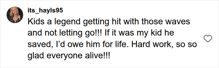 A comment from a user amazed by the 16-year-old lifeguard's heroic ocean rescue. A comment from a user amazed by the 16-year-old lifeguard's heroic ocean rescue.