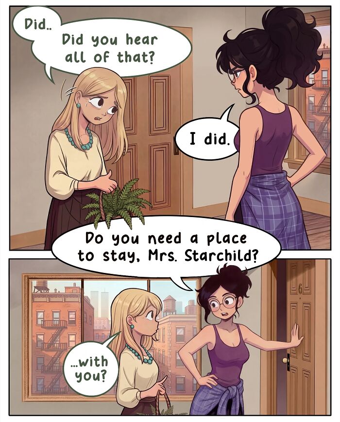 A comic showing a woman surprised by her friends being next door, capturing life before smartphones in Victor Gnarly's comics.