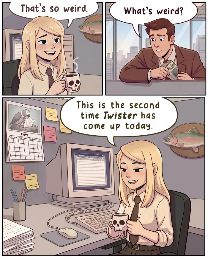 A nostalgic comic depicts life before smartphones, with a man startling a woman at her cubicle, making her almost drop her coffee.