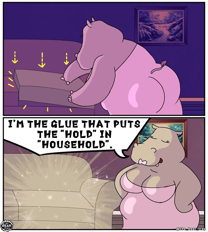 A comic of a hippo looking distraught over a stain on the sofa, then flipping the cushion. Hilarious animal comics.