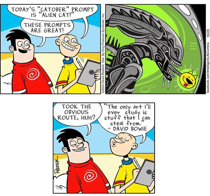 A comic by David Reddick features a cartoonist drawing an 'Alien Cat,' reflecting a unique view of today's world.