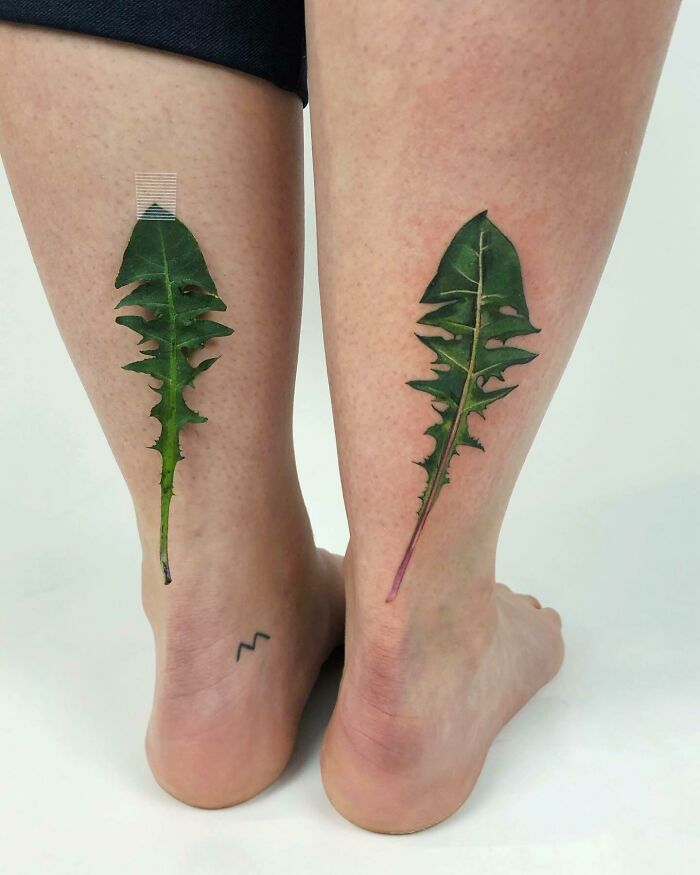 Realistic dandelion leaf tattoo art on lower legs, inspiring examples.
