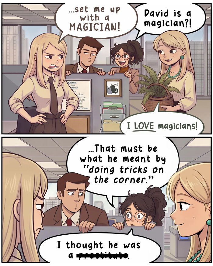 A nostalgic comic depicts a tense conversation in an office setting, illustrating life before smartphones.
