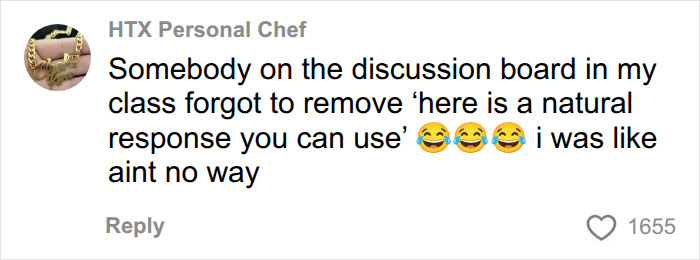 Social media user sharing an anecdote about a student forgetting to remove AI-generated text on a final.