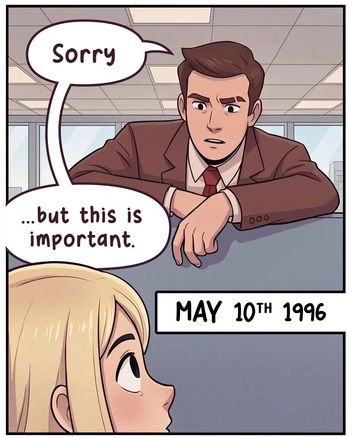 A nostalgic comic depicts life before smartphones, with a man startling a woman at her cubicle, making her almost drop her coffee.