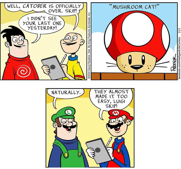 A comic by David Reddick shows a cartoonist creating a 'Mushroom Cat' drawing, capturing the essence of living in today's world.