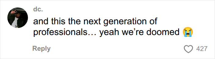 Social media comment lamenting the next generation of professionals using AI on final exams, expressing dismay.