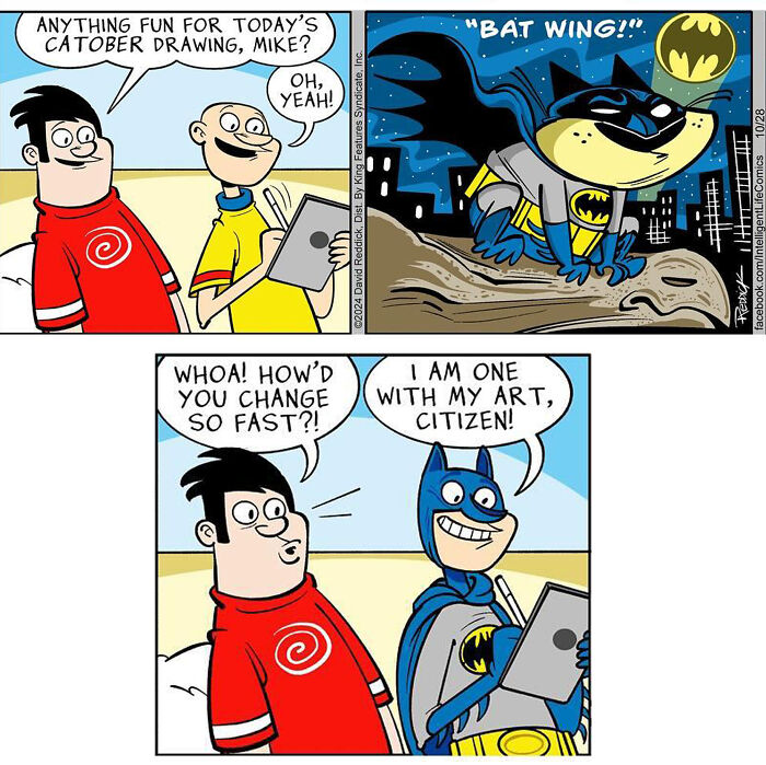 A comic by David Reddick depicts a cartoonist drawing a 'Bat Wing' cat, embodying the art, and living in today's world.