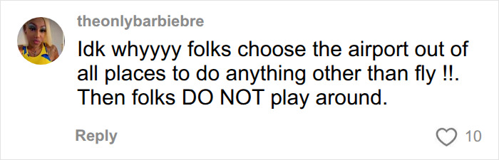 A social media comment from 'theonlybarbiebre' about people who steal on flights. A social media comment from 'theonlybarbiebre' about people who steal on flights.