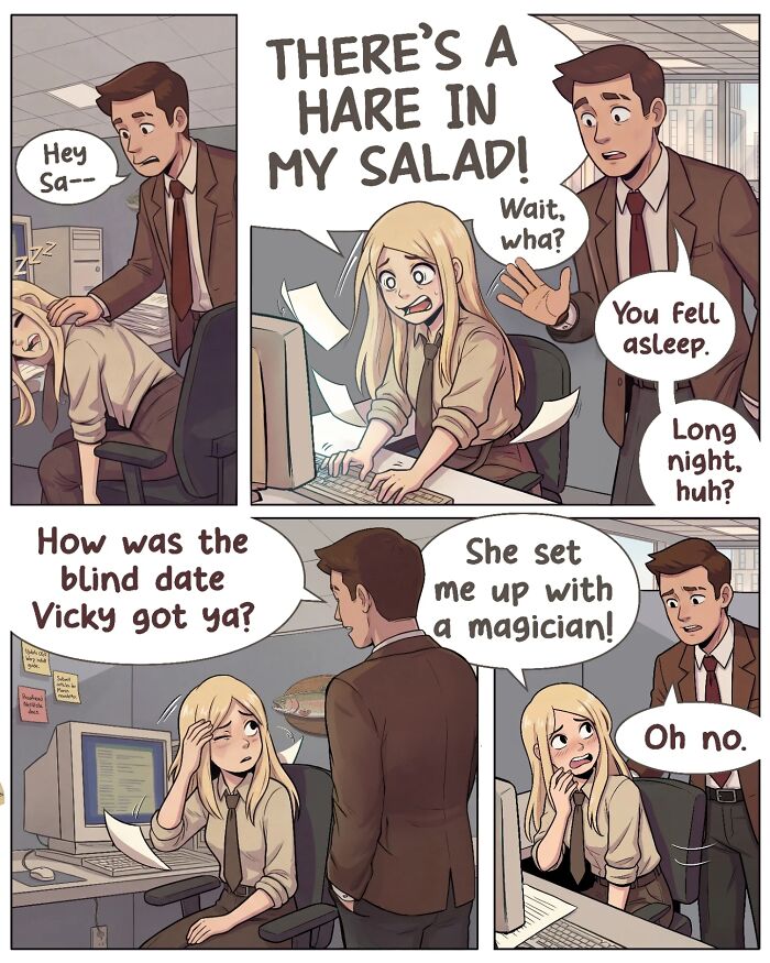 A nostalgic comic captures life before smartphones, with a man finding a woman asleep at her computer in an office cubicle.