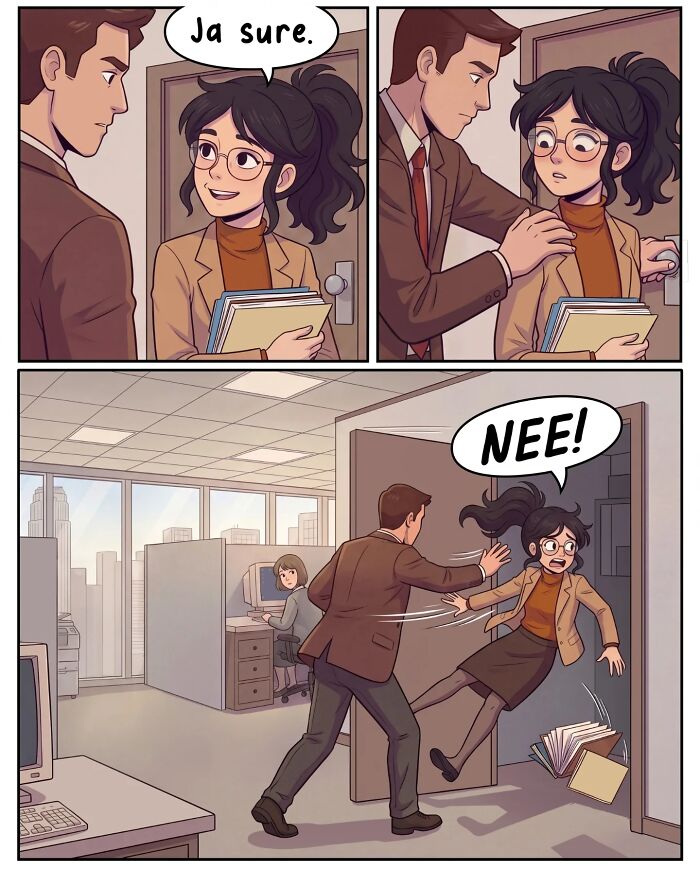 A nostalgic comic illustrates life before smartphones, with a man approaching a woman in an office hallway for a private word.