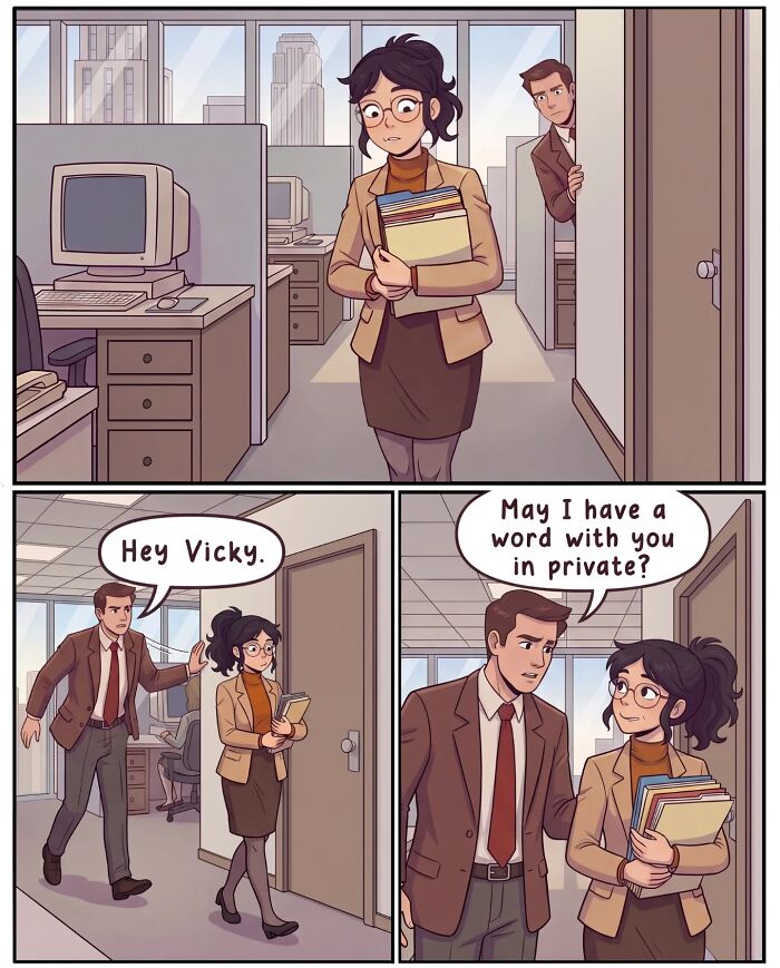 A nostalgic comic depicts life before smartphones, with a man startling a woman at her cubicle, making her almost drop her coffee.