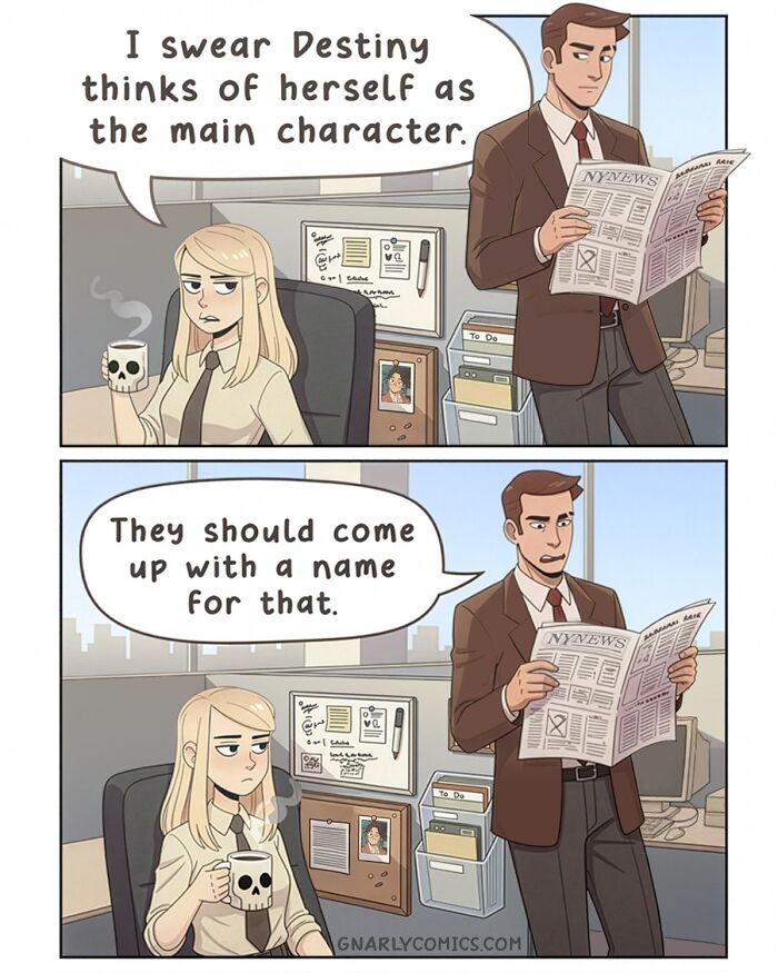 A nostalgic comic shows life before smartphones, with a woman discussing a Halloween movie marathon at her office desk.