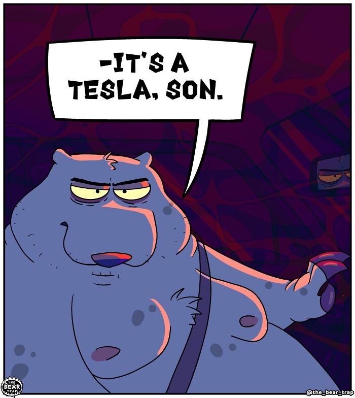 A comic of a bear inside a car, ready to scratch a double-parked car with his claws. Hilarious animal comics.