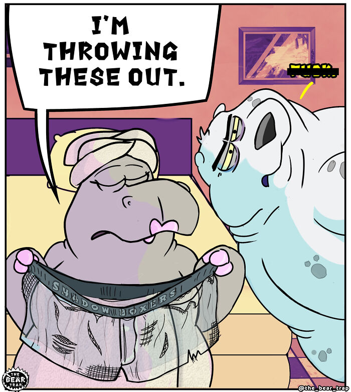 Hilarious animal comics: A large bear in a bathroom with shaving cream on his face, holding scissors, asking for new boxers.