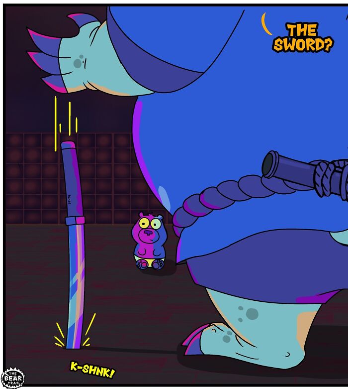 Hilarious animal comics: A large bear in a martial arts uniform with a sword, telling a smaller bear about destiny.