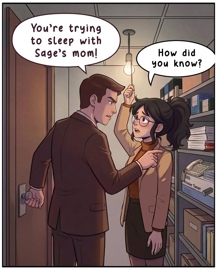 A nostalgic comic illustrates life before smartphones, with a man approaching a woman in an office hallway for a private word.