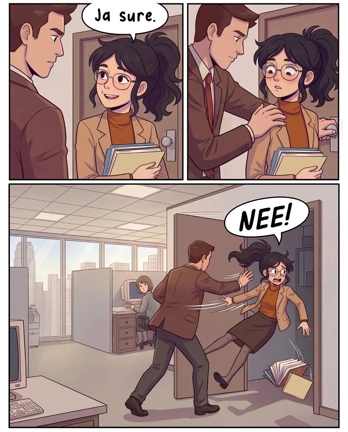 A nostalgic comic depicts life before smartphones, with a man startling a woman at her cubicle, making her almost drop her coffee.