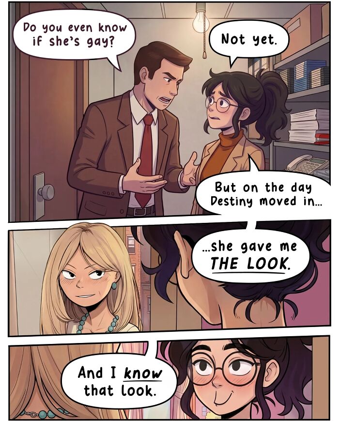 A nostalgic comic illustrates life before smartphones, with a man approaching a woman in an office hallway for a private word.