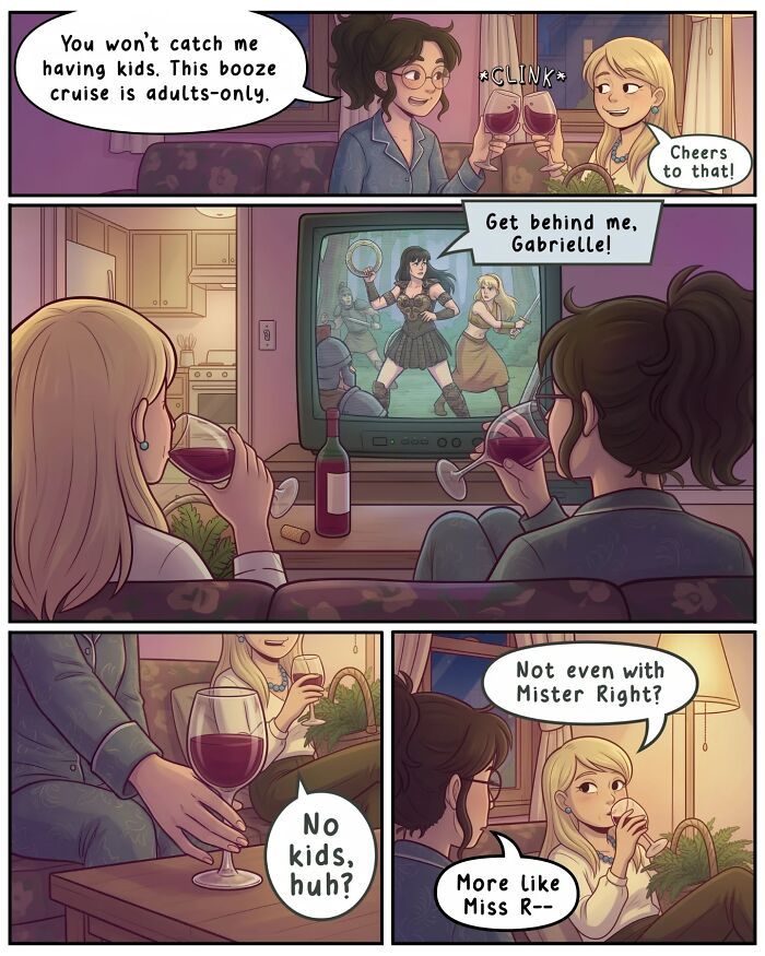 A comic of two women discussing childhood memories, capturing life before smartphones with nostalgic comics by Victor Gnarly.