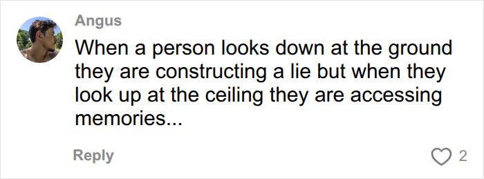 Screenshot of a comment from Angus, When a person looks down at the ground they are constructing a lie but when they look up at the ceiling they are accessing memories..., related to Lance Twiggs police interview. Screenshot of a comment from Angus, When a person looks down at the ground they are constructing a lie but when they look up at the ceiling they are accessing memories..., related to Lance Twiggs police interview.