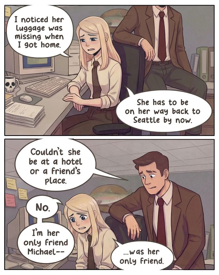 A nostalgic comic shows life before smartphones, with a woman in an office discussing a date, then on a romantic walk with a man.