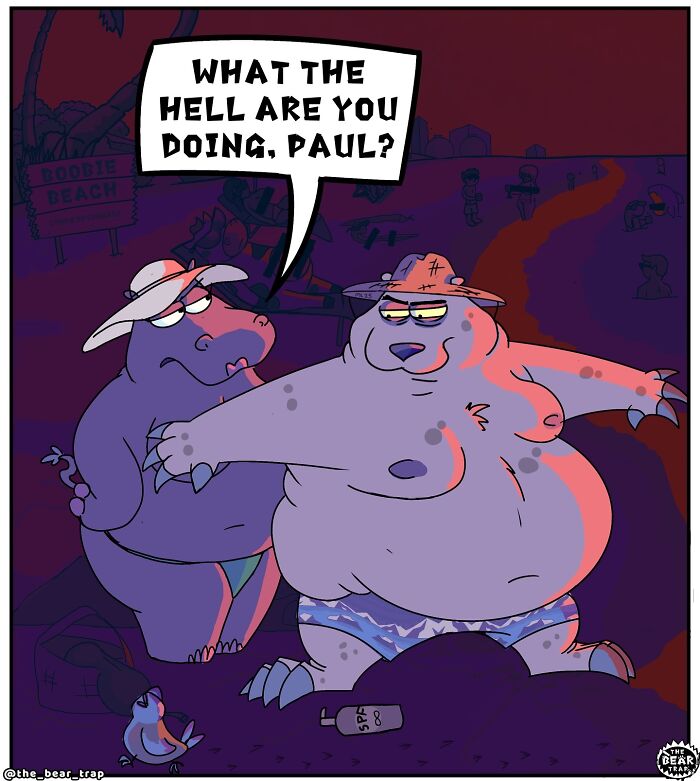 Hilarious animal comics: Two animals at a beach, one trying on a hat and the other applying sunscreen.