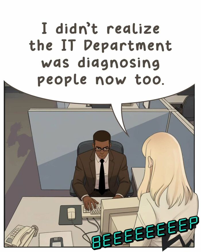 Victor Gnarly's nostalgic comics illustrate life before smartphones, with a woman talking about theme songs in an office.