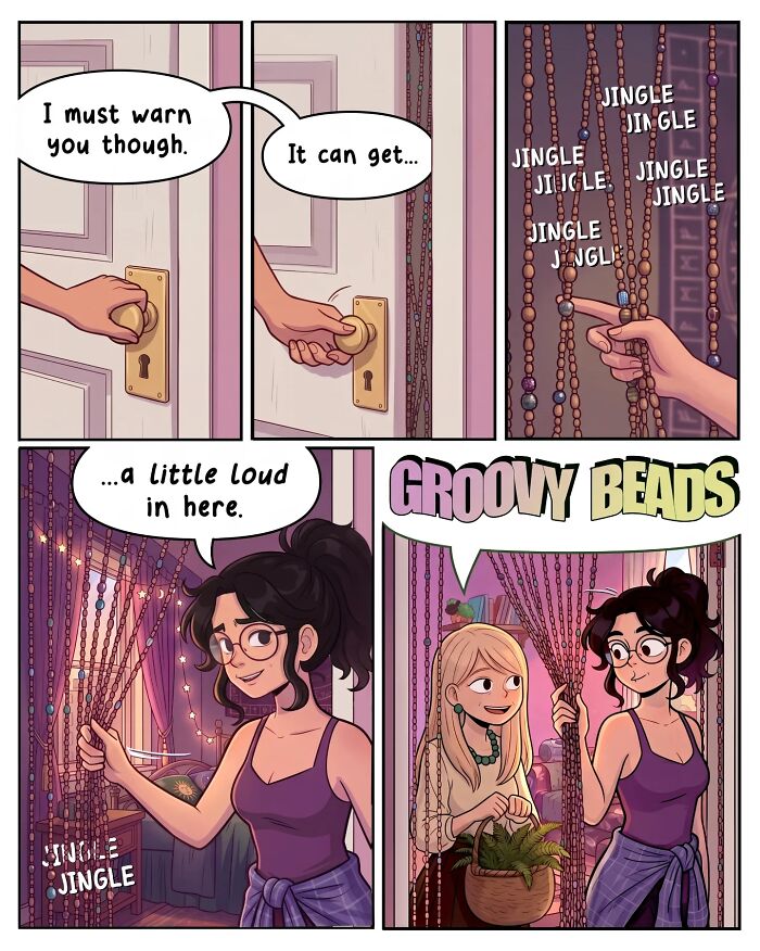 A comic from Victor Gnarly's Yesterday's Papers showing a woman moving into a new room. Nostalgic comics.