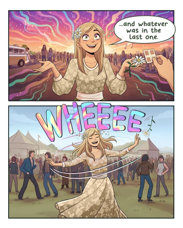 A comic of a woman declining an offer, capturing life before smartphones with nostalgic comics from Victor Gnarly.