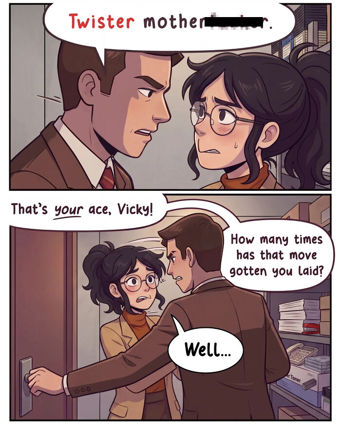 A nostalgic comic illustrates life before smartphones, with a man approaching a woman in an office hallway for a private word.