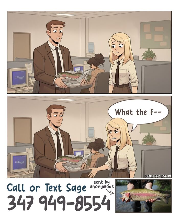 A comic from Victor Gnarly's Yesterday's Papers showing a man giving a woman a fish wrapped in a newspaper. Nostalgic comics.