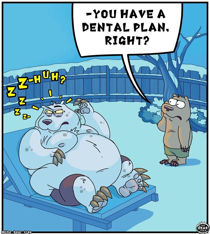 Hilarious animal comics: A sleepy bear ignores a smaller animal complaining about a toothache.
