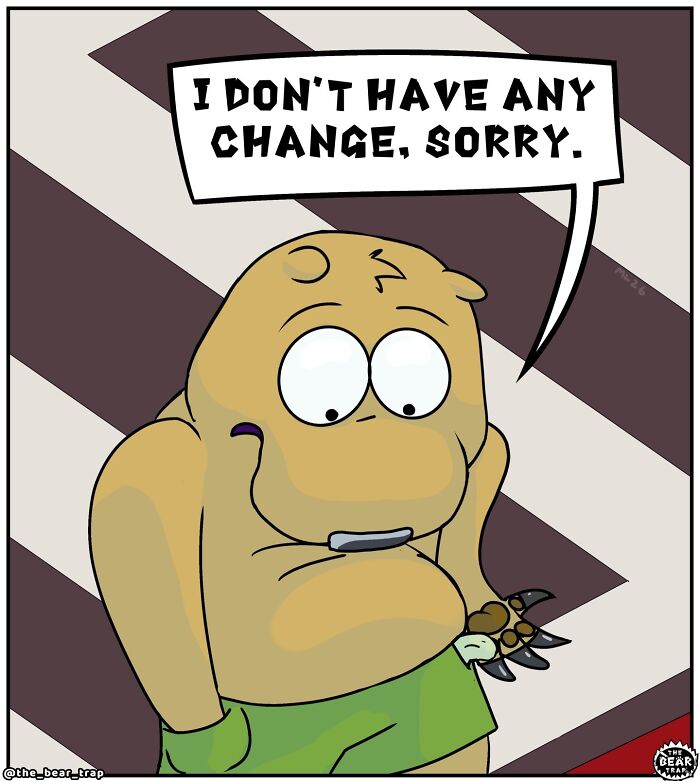 Hilarious animal comics: A wolf in tattered clothes asks a bear for money inside a store.