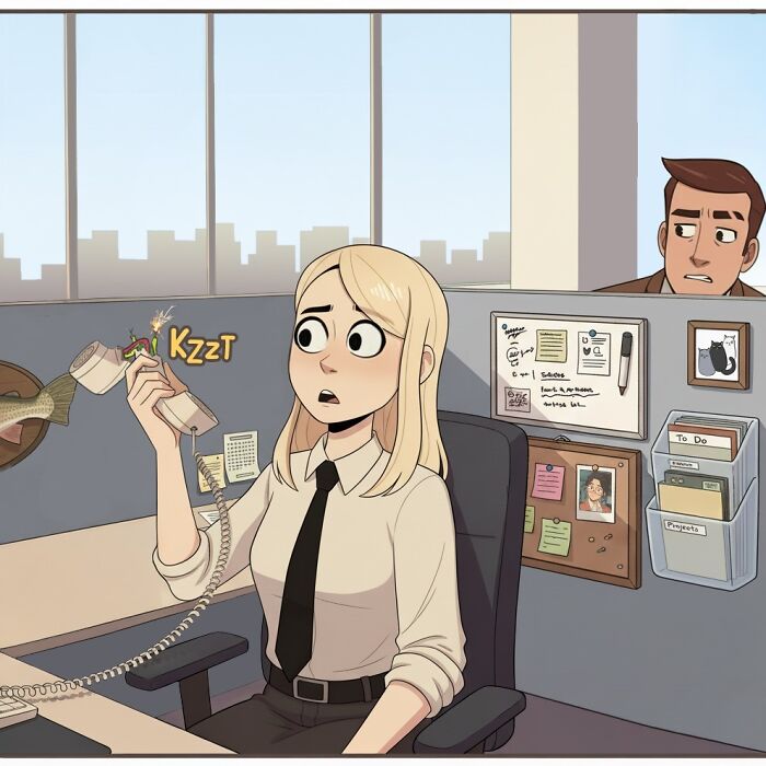 A comic from Victor Gnarly's Yesterday's Papers showing a woman talking on a landline phone. Nostalgic comics.