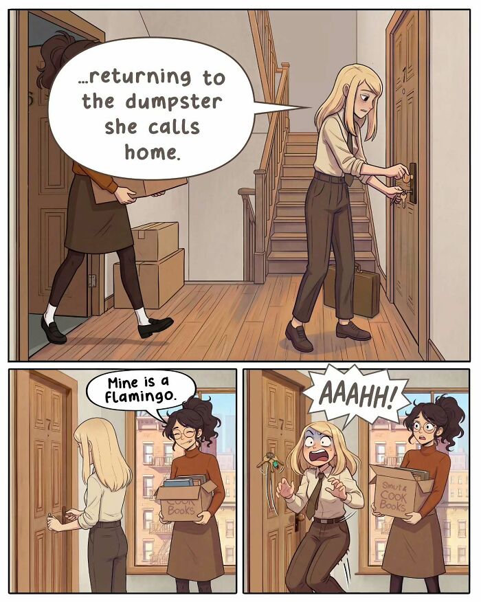 A nostalgic comic shows a person walking up stairs, feeling down, reflecting life before smartphones.