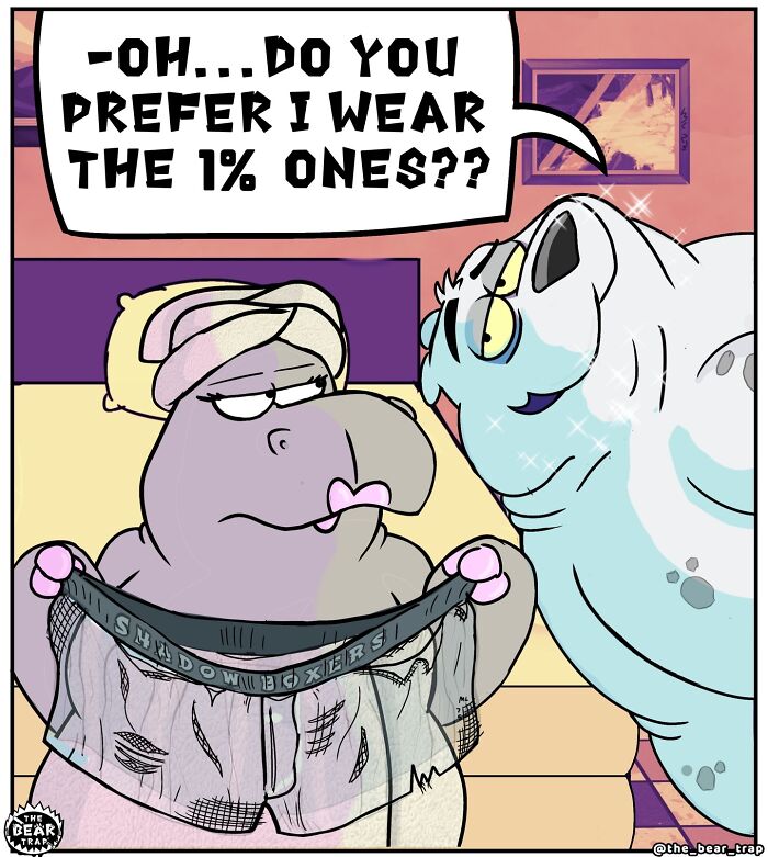 Hilarious animal comics: A large bear in a bathroom with shaving cream on his face, holding scissors, asking for new boxers.