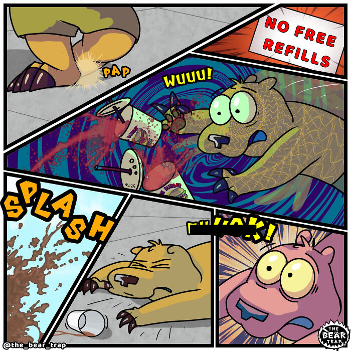 Hilarious animal comics: Two bears and a cat with a speech bubble saying, 'Watch that cat son, they're bad luck.'