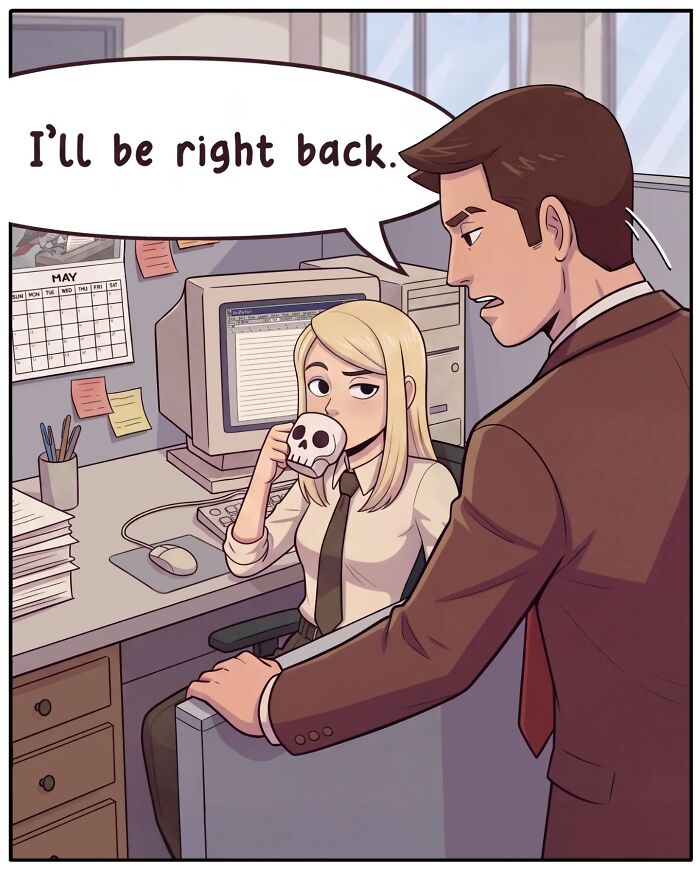 A nostalgic comic depicts life before smartphones, with a man startling a woman at her cubicle, making her almost drop her coffee.