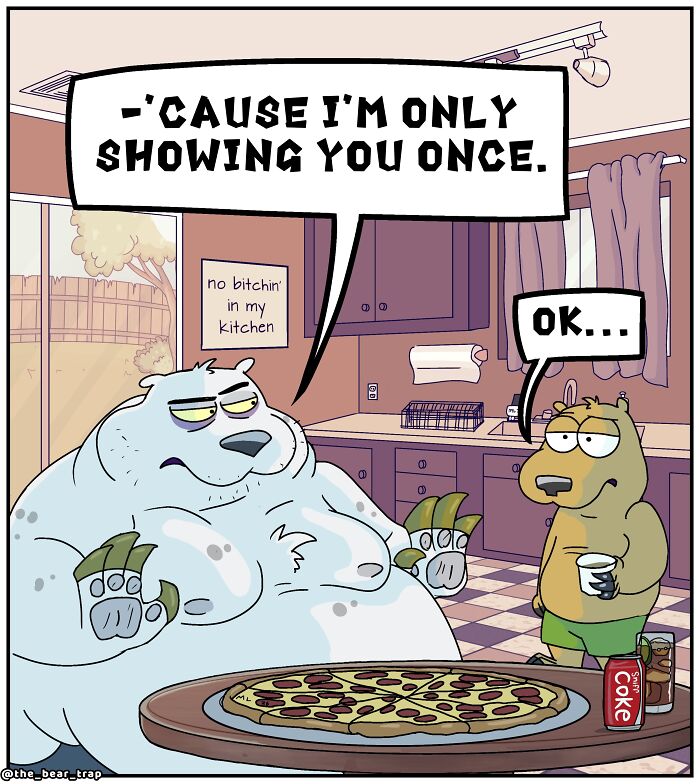 A comic showing a large white bear preparing to eat a pizza while a smaller brown animal character watches. The bear is in a kitchen, and there is a can of soda next to the pizza. This is an example of hilarious animal comics.