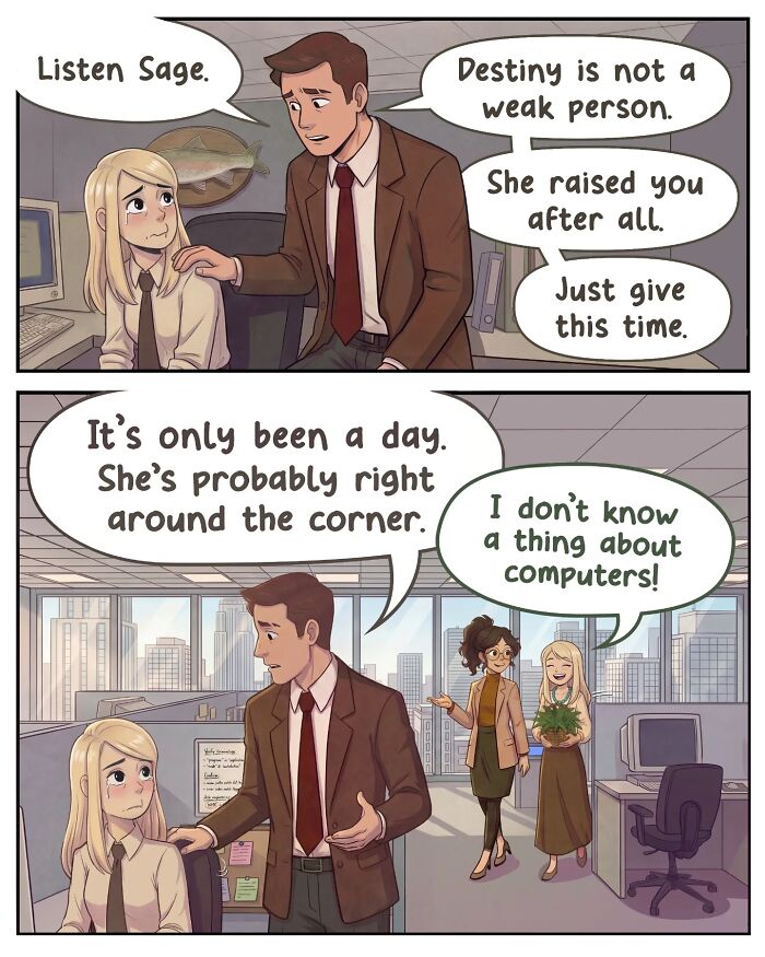 A nostalgic comic shows life before smartphones, with a woman in an office discussing a date, then on a romantic walk with a man.